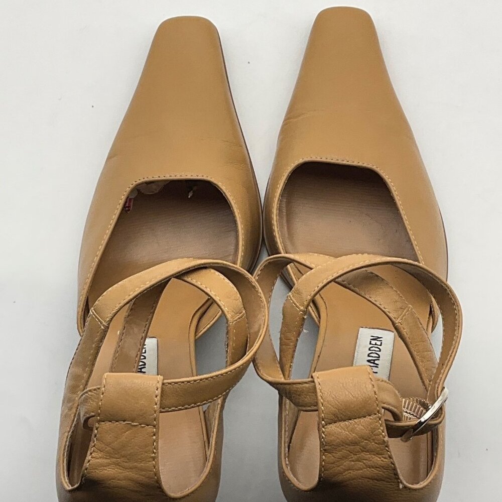 Y2K Steve Madden 7.5 Tan Leather Strappy Heels Shoes Pointed Square Toe - Picture 9 of 11
